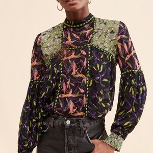 Anthropologie Floral Patterned Blouse in Green and Purple